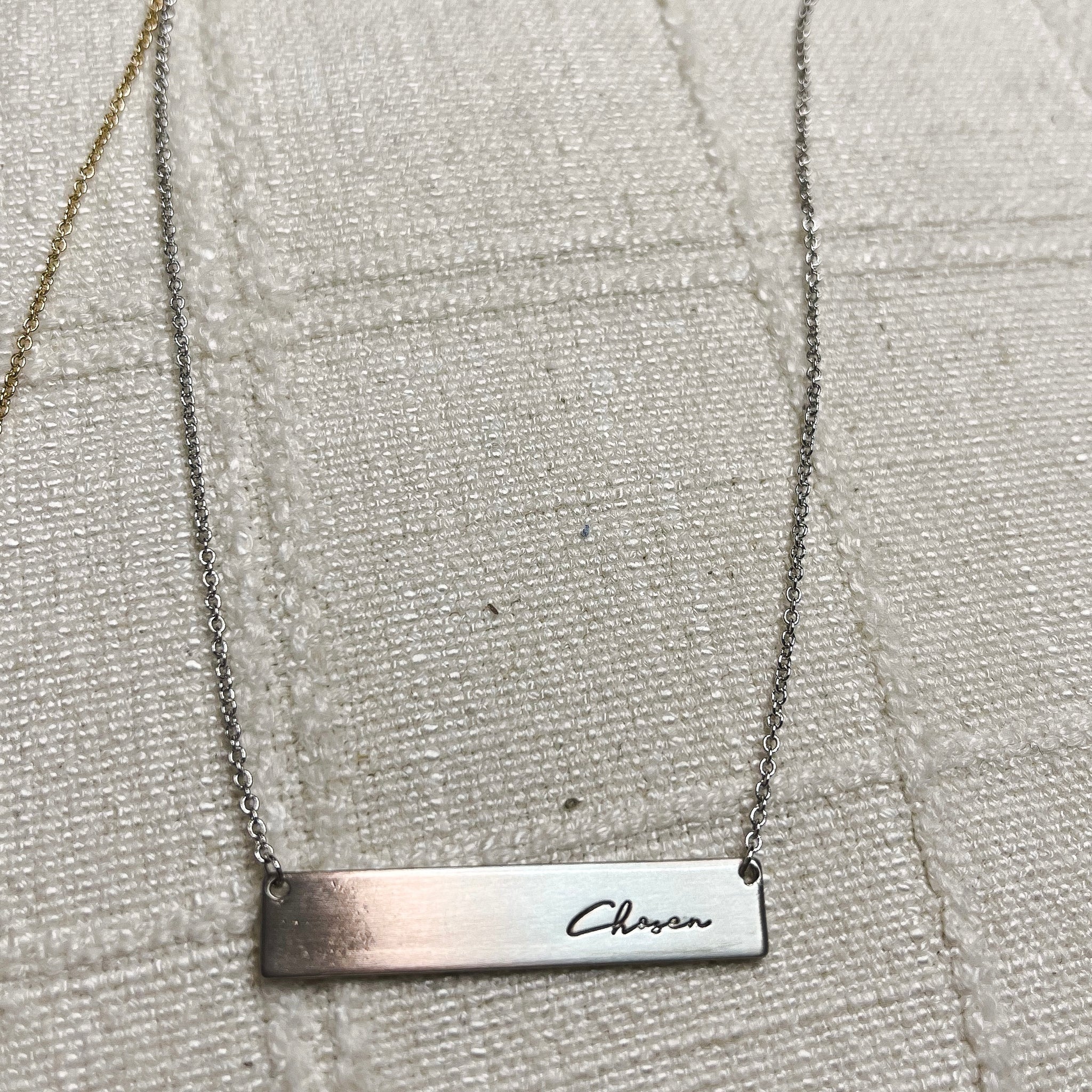 Chosen bar message neckalce. Inspirational message that comes in vintage, simple gold and silver colors.