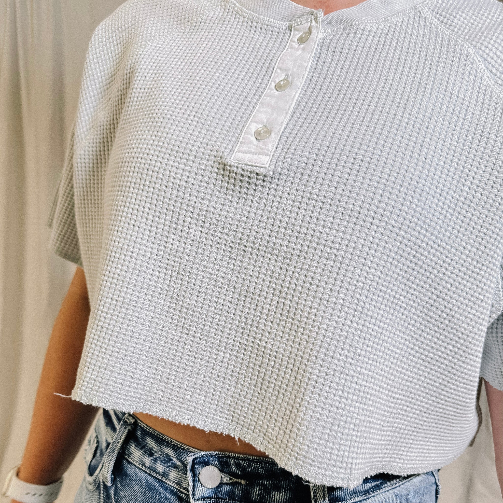 Chill Out Waffle Knit Henley Crop Top - Mist