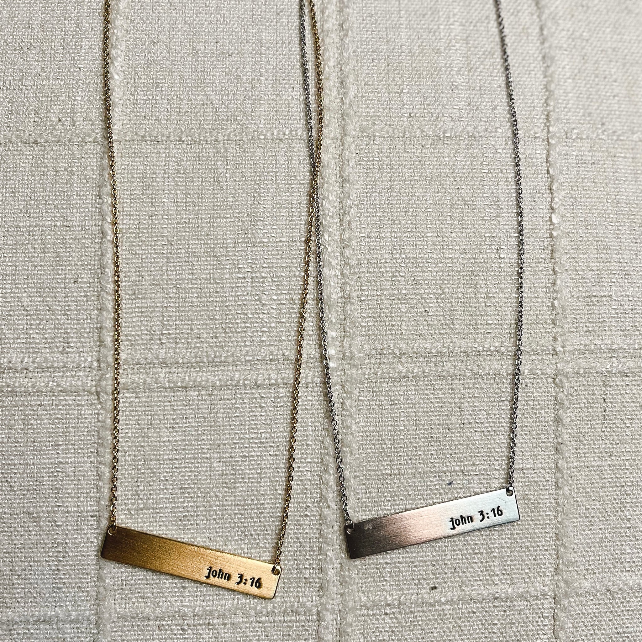 John 3:16 Bar Message Necklace. Inspirational message that comes in vintage, basic gold and silver colors.  Length: 16 in