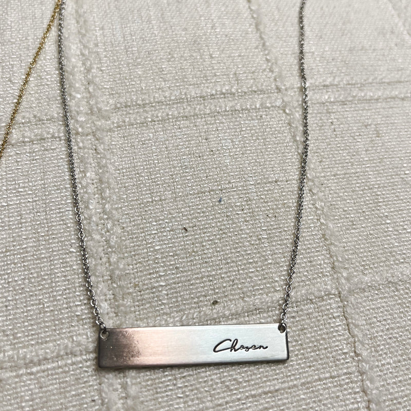 Chosen bar message neckalce. Inspirational message that comes in vintage, simple gold and silver colors.
