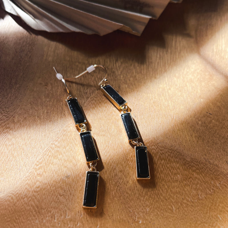 Rectangle Black Stone Dangle Earrings