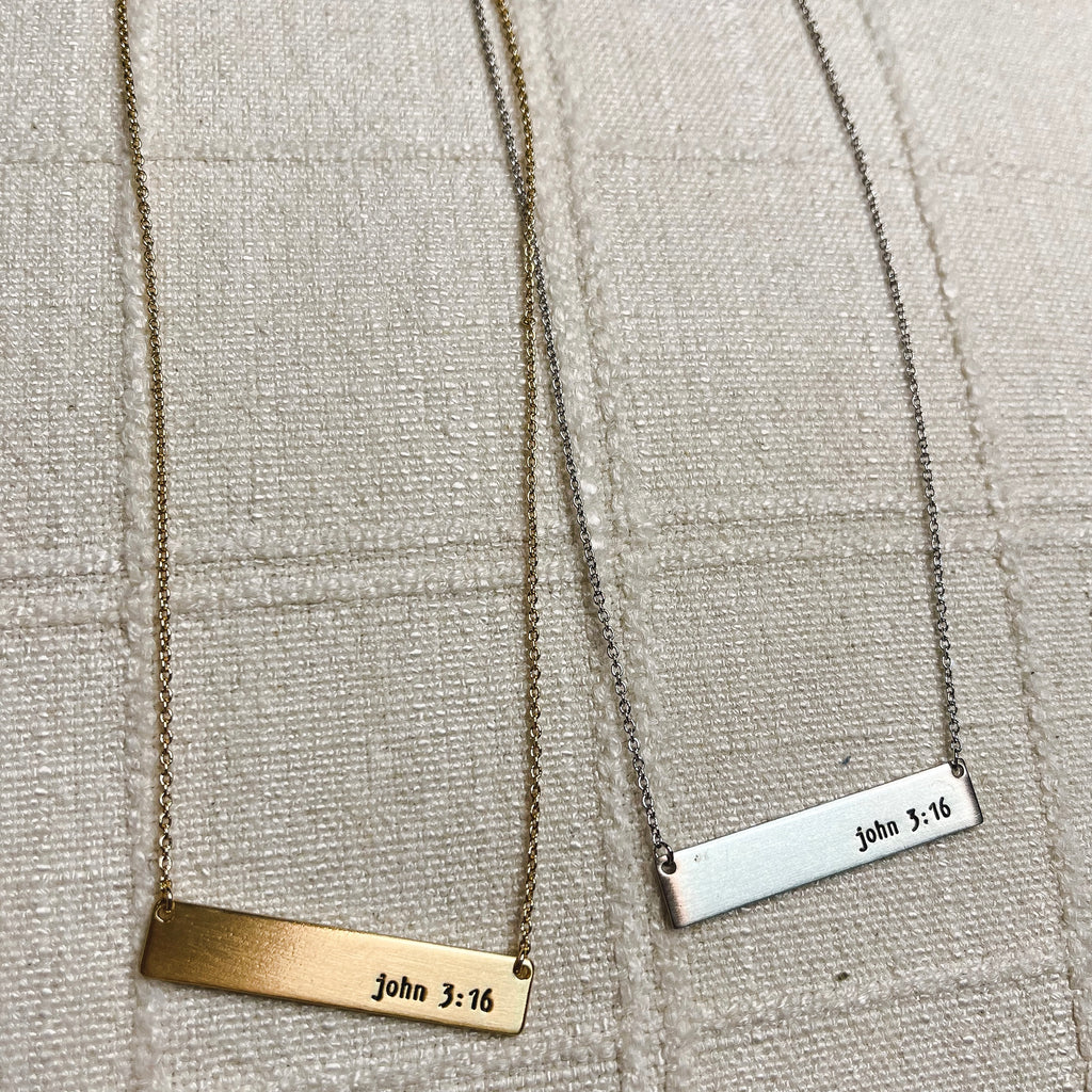 John 3:16 Bar Message Necklace. Inspirational message that comes in vintage, basic gold and silver colors.  Length: 16 in