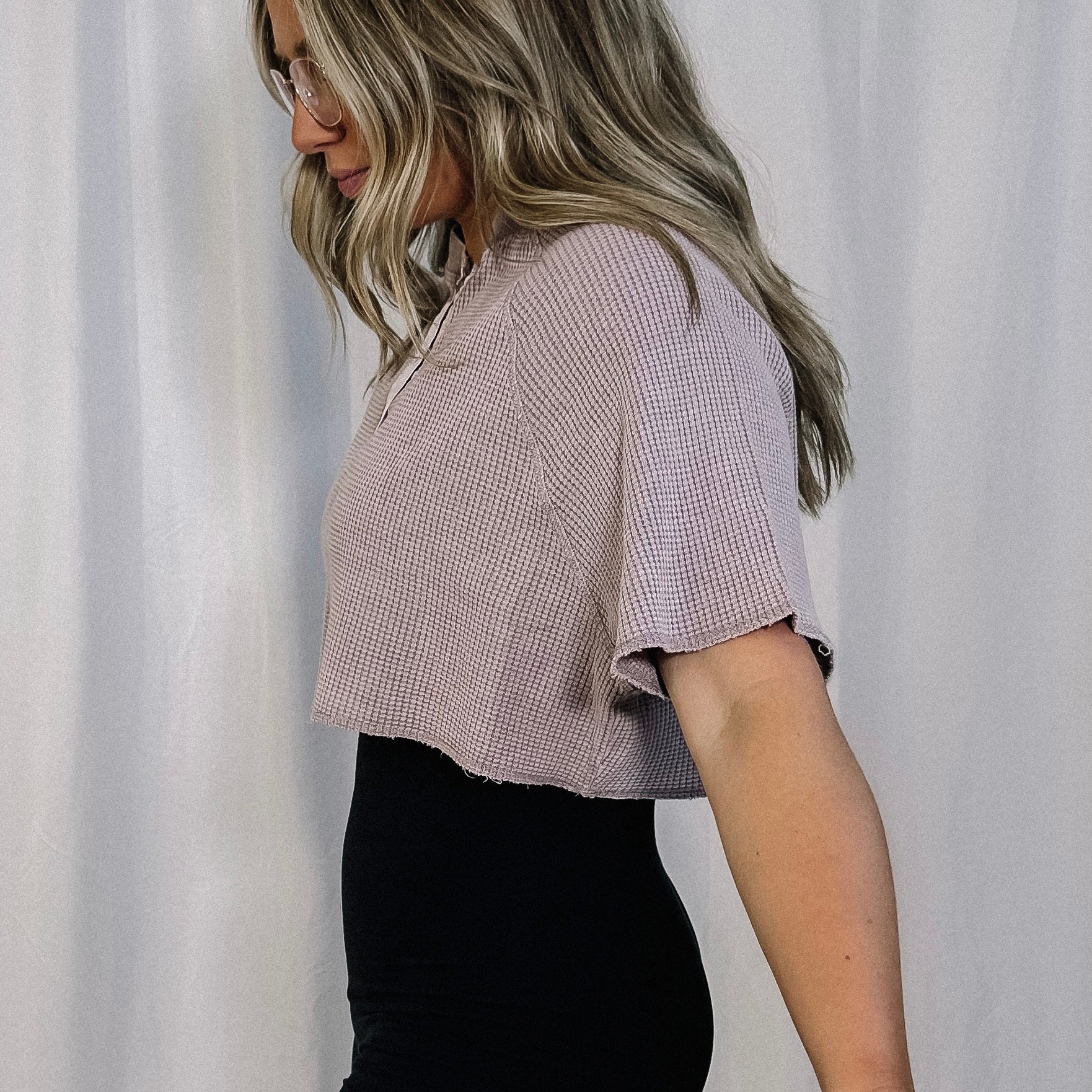 Chill Out Waffle Knit Henley Crop Top - Mauve