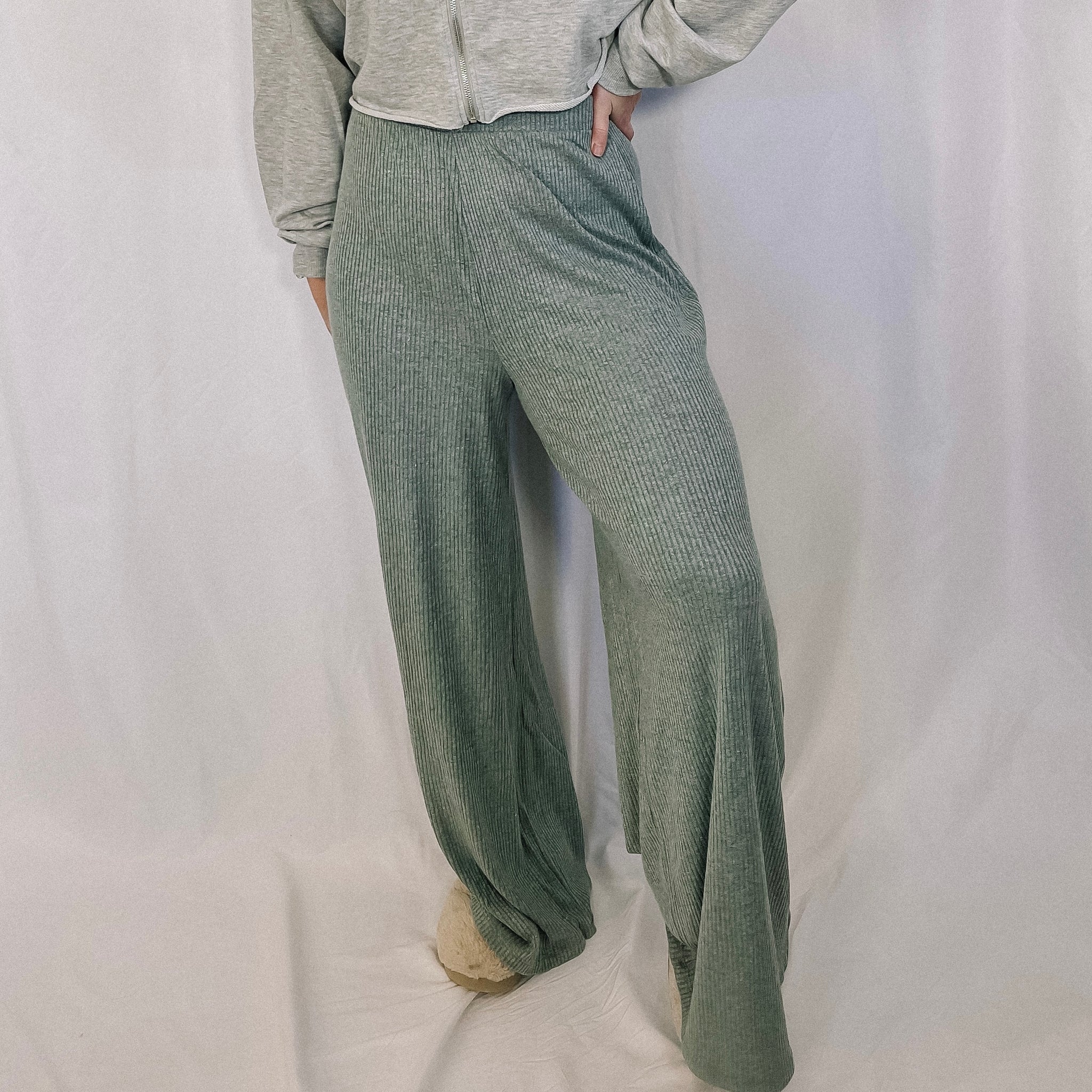 Coffee & Chill Ribbed Pants - Heathered Sage - LAST ONE