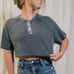 Chill Out Waffle Knit Henley Crop Top - Charcoal